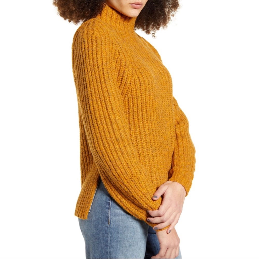 Leith Golden Mustard Mock High Neck Side Slit Sweater Ribbed Knit Women XXS